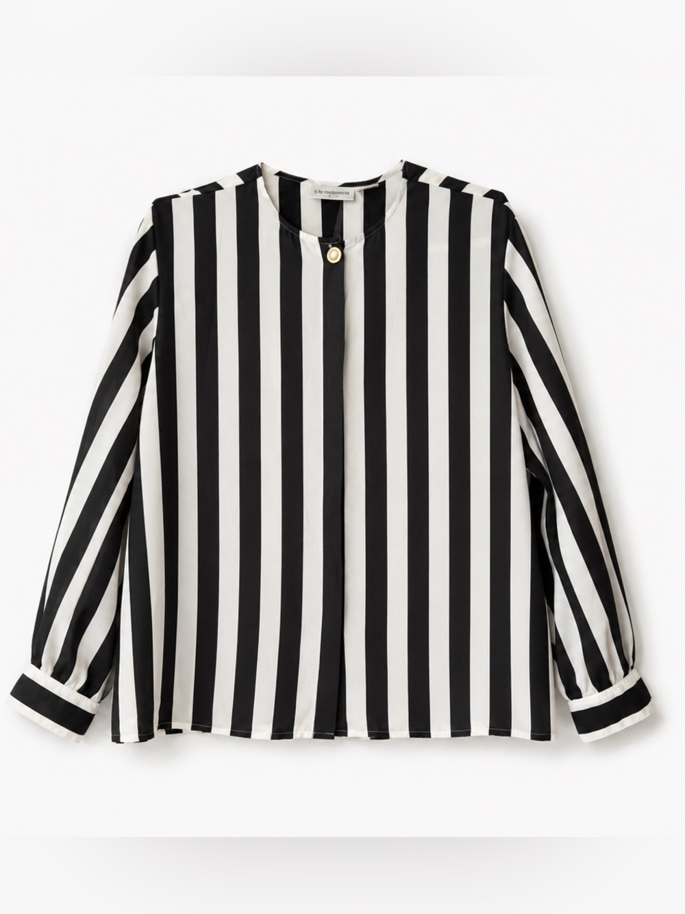 LIZ CLAIBORNE | Black and White Vertical Stripe Blouse with Pearl Button